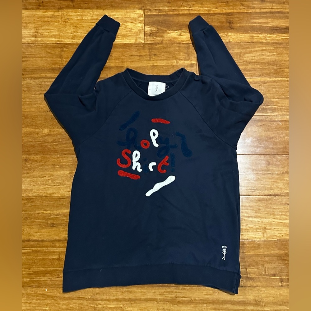 Navy blue crewneck sweatshirt with "Holy Shirt!" Raised textured graphic size M